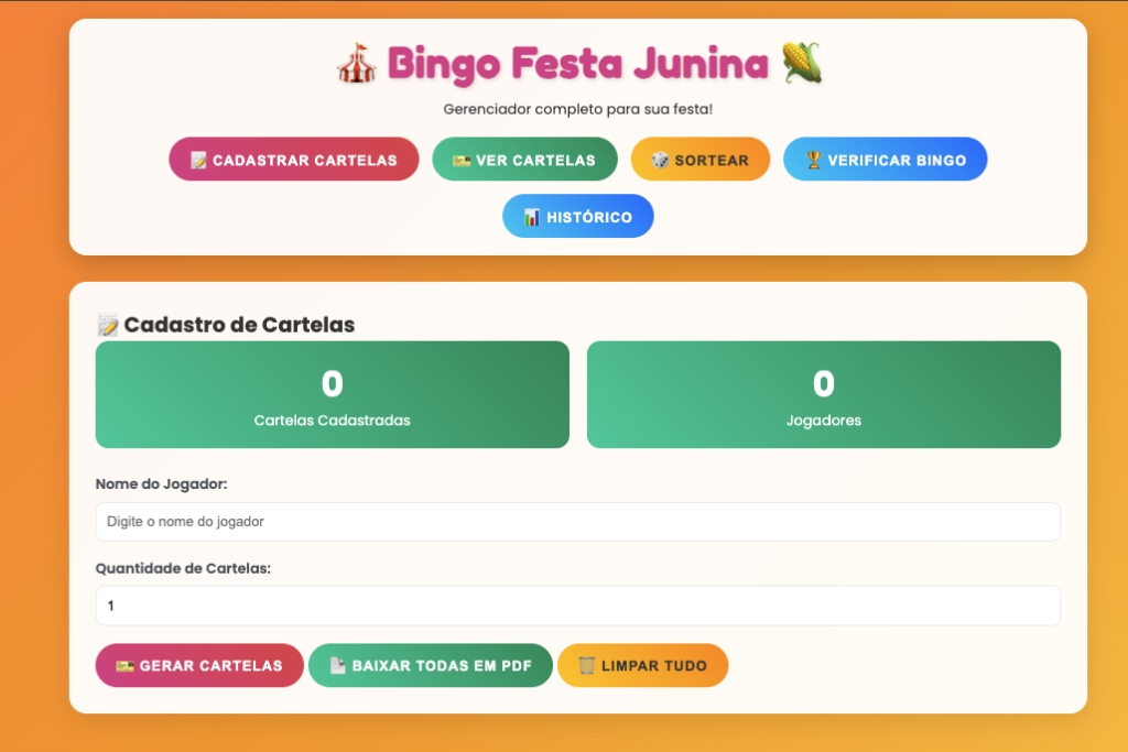 Interface do São João Bingo Digital com cartelas juninas animadas